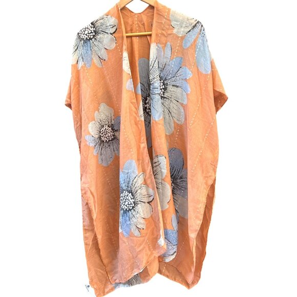 Jessica McClintock Boho Coral Blue Floral Kimono Cardigan Coastal Summer Chic - Picture 1 of 6